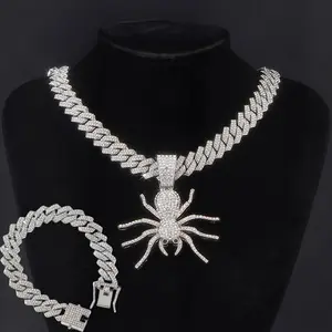 14mm Fashion Spider Pendant Necklace & Cuban Bracelet Set - Men's Accessories, Unique Gift Idea for Parties, Holiday Outfit Matching Jewelry Cubanchain Crystal
