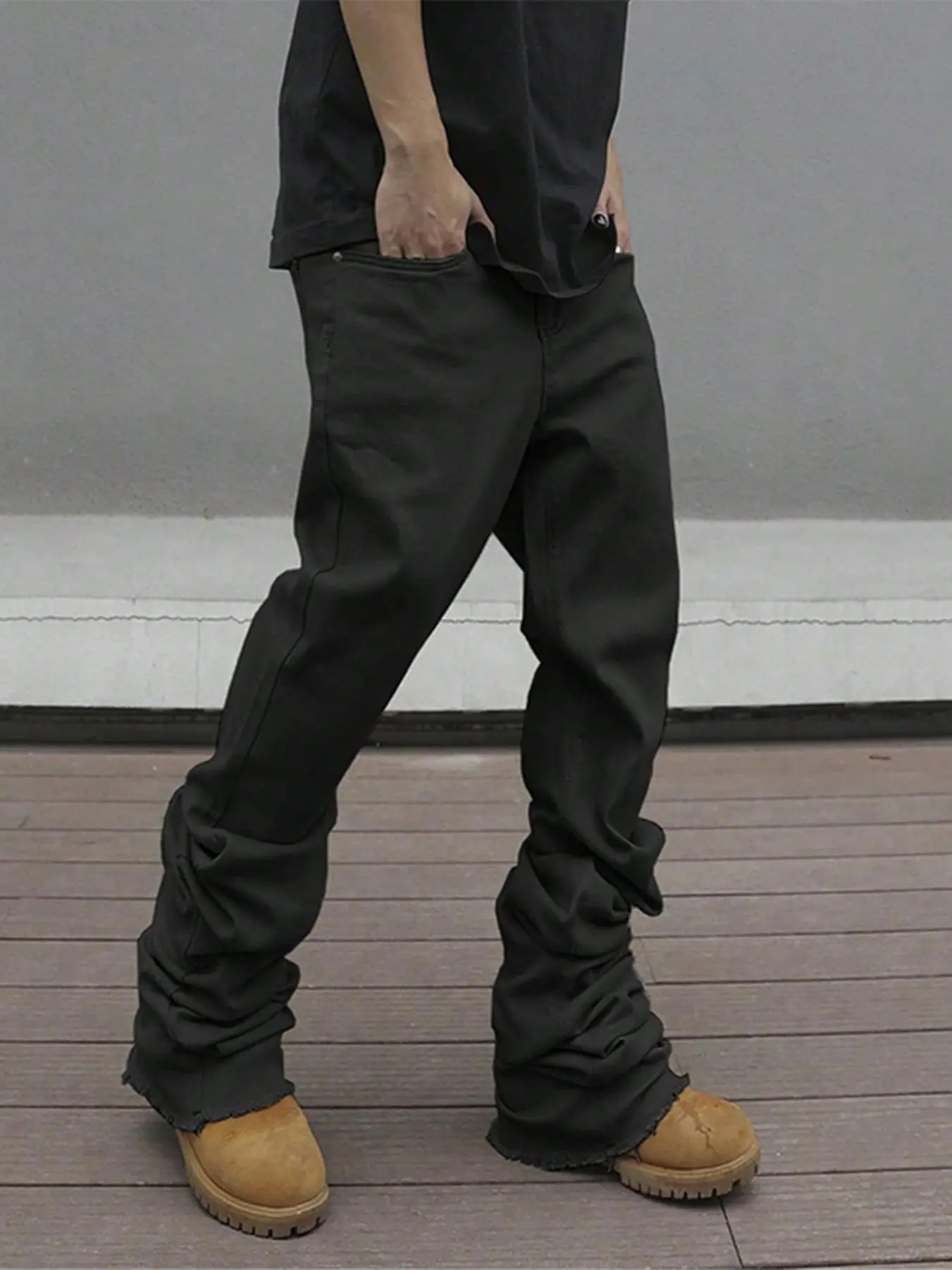 Men's Plain Solid Color Button-Fly Flared Denim Jeans, Soul Flare Jeans - Slim-Fit & Casual Streetwear Style, Comfortable with Pockets, Frayed Cuff Design, Suitable for Daily Wear, Versatile All-Season Bottom for Men (Extended Fit), Denim Pants
