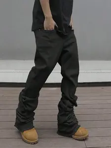 Men's Plain Solid Color Button-Fly Flared Denim Jeans Pants - Slim-Fit & Casual Streetwear Style, Comfortable with Pockets, Featuring Frayed Cuff Design. Suitable for Daily Wear; Also a Versatile All-Season Bottom for Men (Extended Fit)
