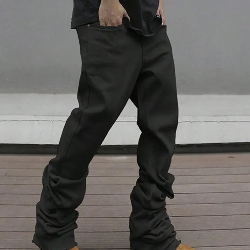 Men's Plain Solid Color Button-Fly Flared Denim Jeans, Casual Jeans Menswear, Soul Flare Jeans - Slim-Fit & Casual Streetwear Style, Comfortable with Pockets, Frayed Cuff Design, Suitable for Daily Wear, Versatile All-Season Bottom for Men (Extended Fit)