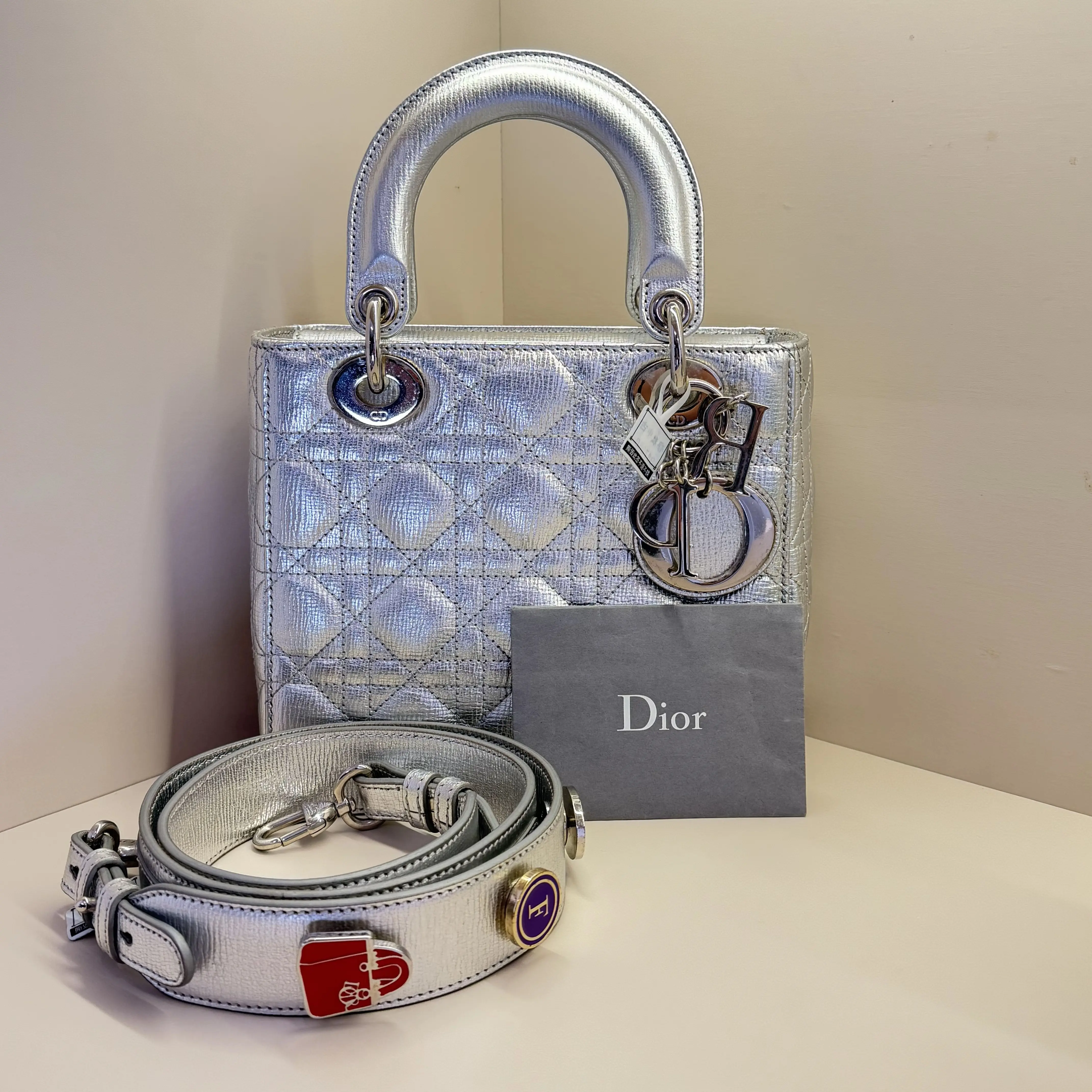 Pre-owned Dior Christian Mini Lady Bag, Metallic Silver Cannage Calfskin, Silver Hardware, Custom Decorated Wide Detachable Shoulder Strap (Made in Italy) A169 HK