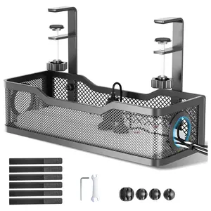 Under Desk Cable Management Tray No Drill, Metal Mesh Cable Management Under Desk with Clamp Mount, 2 Hole Cable Tray with Desk Wire Management and Desk Cord Organizer for Home Office Standing Desk
