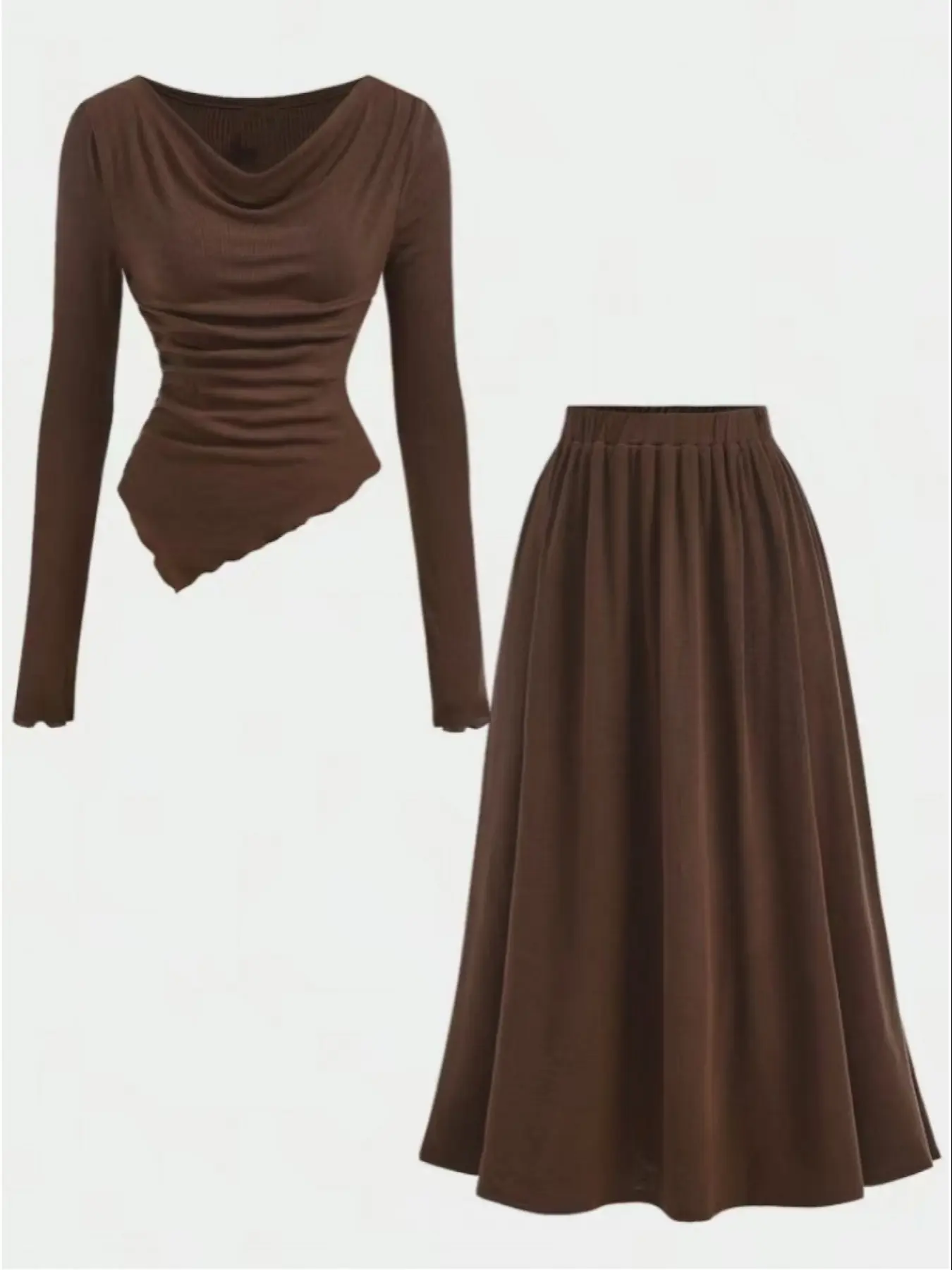 Elegant Women's Coffee Ribbed Knit Asymmetrical Hem Top & A-Line Skirt Set, Womenswear Plus Size Fashion, Vintage Style Clothes
