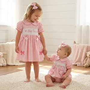 Big Sister Little Sister Matching Outfits Baby Girl Summer Clothes Plaid Bow Embroidered Short Sleeve Doll Collar Romper Dress and Headband 2 Piece Set