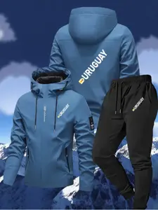Men's Sports 2-Piece Set Uruguay National Team Logo Print Flight Jacket and Casual Long Pants, Fall & Winter, Fitted, Natural Waist