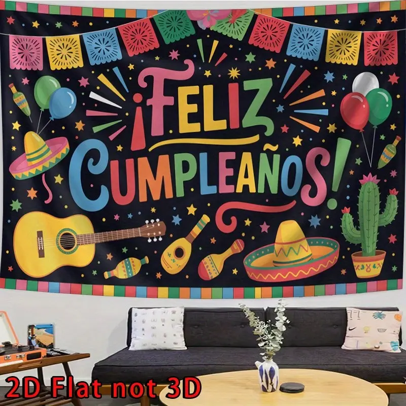 A 2D flat banner, Mexican Party Banners, Happy birthday backdrop, designed for parties, featuring a Mexican carnival theme and vibrant floral designs, ideal as a backdrop at family gatherings and birthday celebrations