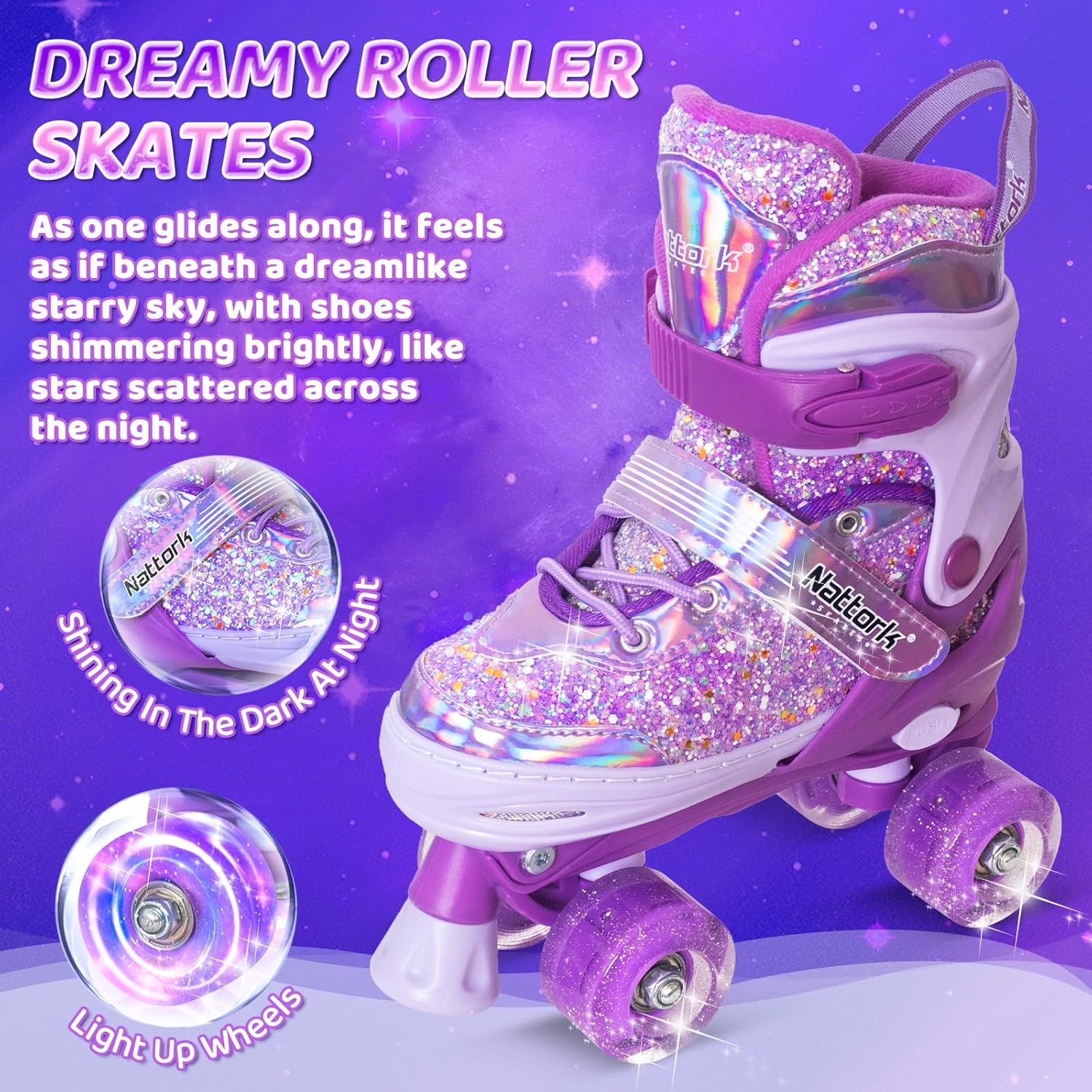 Nattork Kids' Adjustable Roller Skates for Girls (Ages 3-12, 4 Sizes), Light-Up Flashing Wheels, Triple Safety Protection with Secure Closure, Beginner Casual Skating Gear, Indoor/Outdoor Birthday Holiday Gift