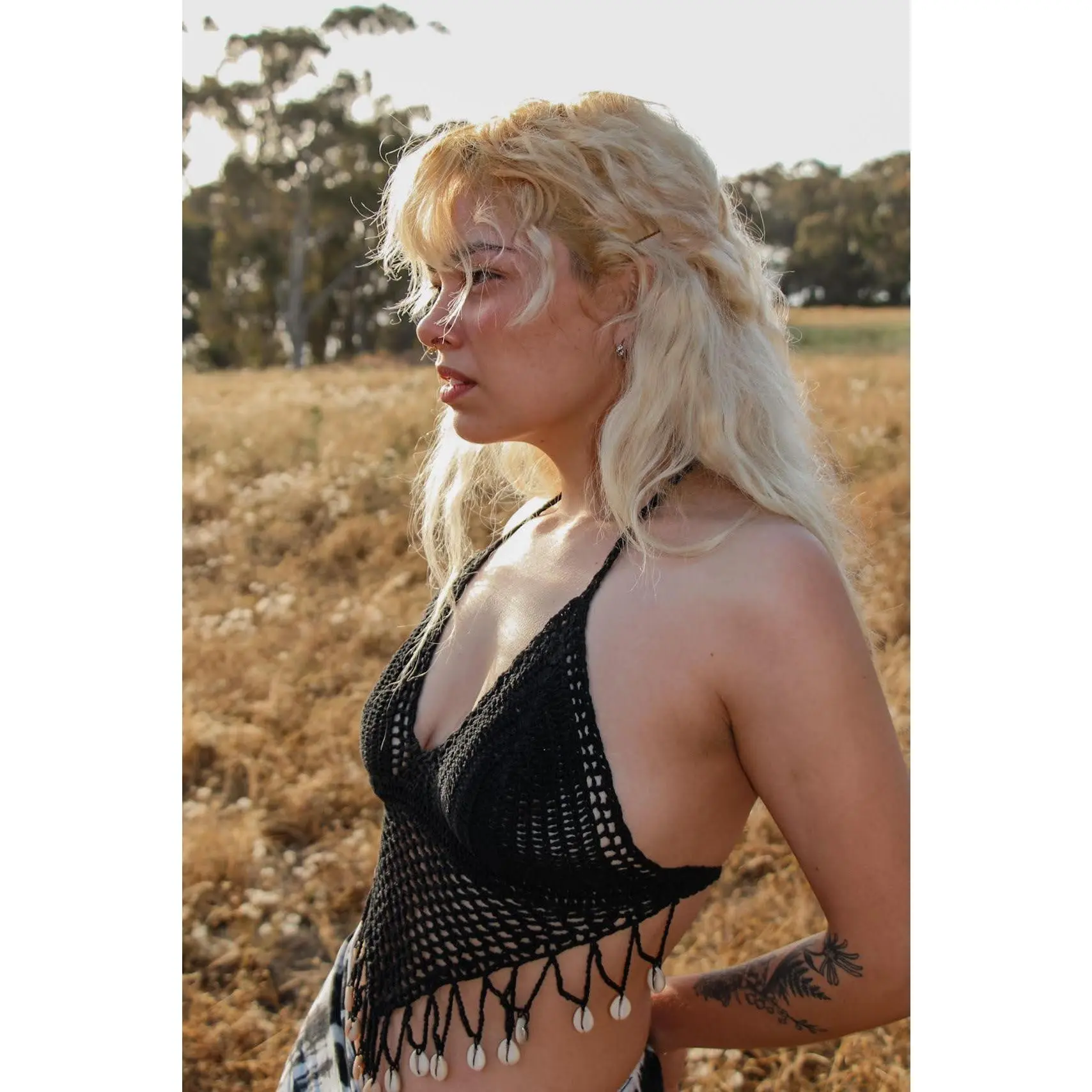 Crochet Top With Shells - Summer Casual Sleeveless Chic Stylish Short Plain Cotton Yarn Handcrafted with Shell Detailing
