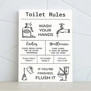 Room Decoration 1 Piece Humorous Toilet Rules Canvas Art Print, 30.48x 40.64cm Wooden Frame Bathroom Wall Decoration, Black and White Minimalist Poster, Suitable for Home, Office, Hotel, Coffee Shop - Unique Stay Gift Idea