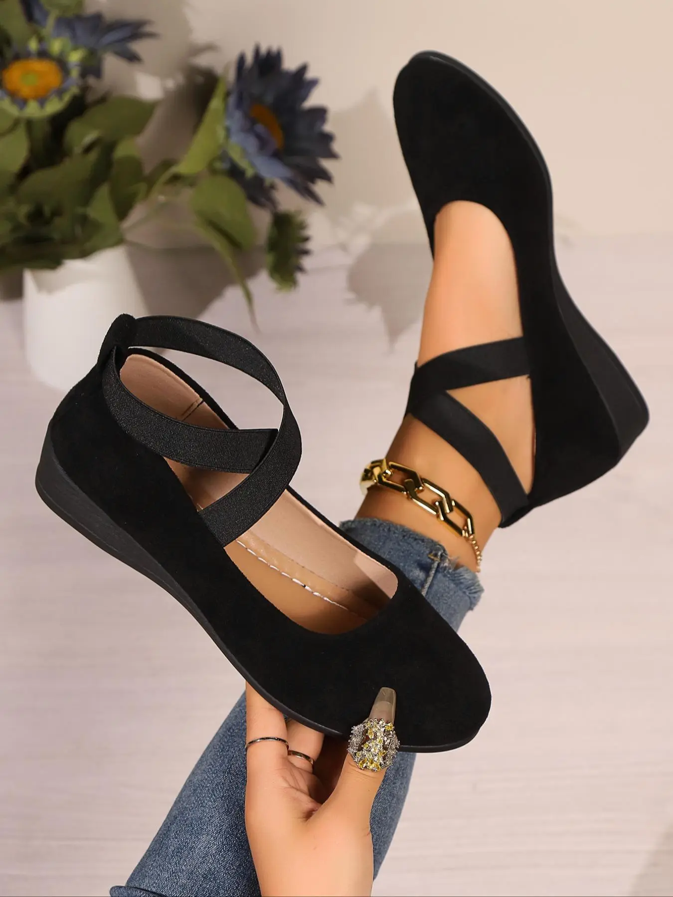 Women's Stylish Fashion Classy Closed Wedge Heeled Shoes, Wedges Footwear, Faux Suede Upper, Rubber Sole, Comfortable Round Toe Design, Ideal for Elegant Nights & Casual Days