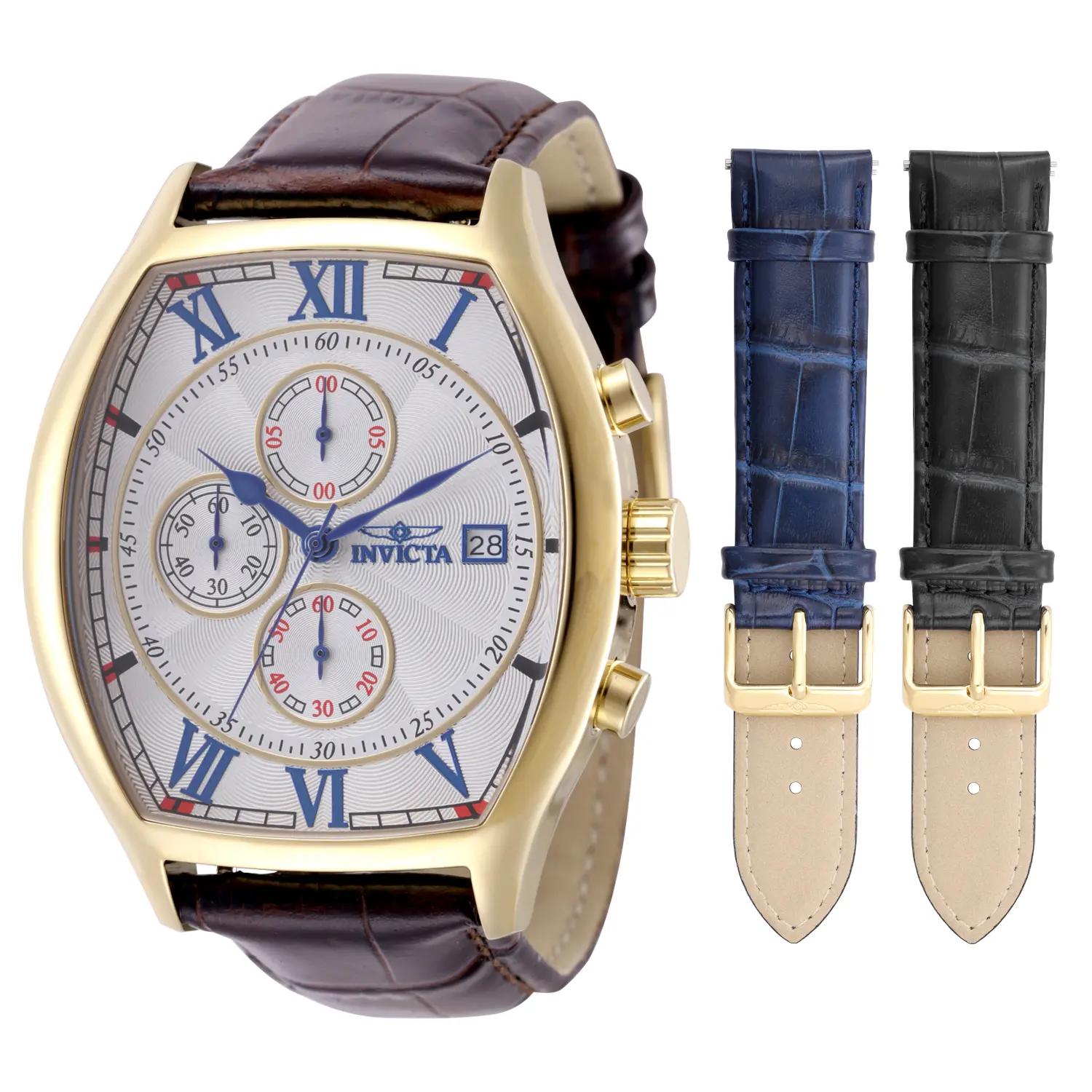 Invicta Specialty 43mm Men's Tonneau Chronograph Watch Vintage Gold Case Silver Textured Dial Blue Roman Numerals Three Interchangeable Genuine Leather Straps Black Blue Brown Japanese Quartz VD57 Movement Refined Dress Watch, Men's Watches, Watches