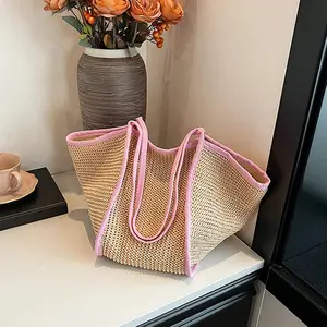 Fashion Crochet Bags For Women Summer Beach Tote Bag Raffia Aesthetic Totes Straw Handbag Bohemian Boho Woven Knit Shoulder Bag