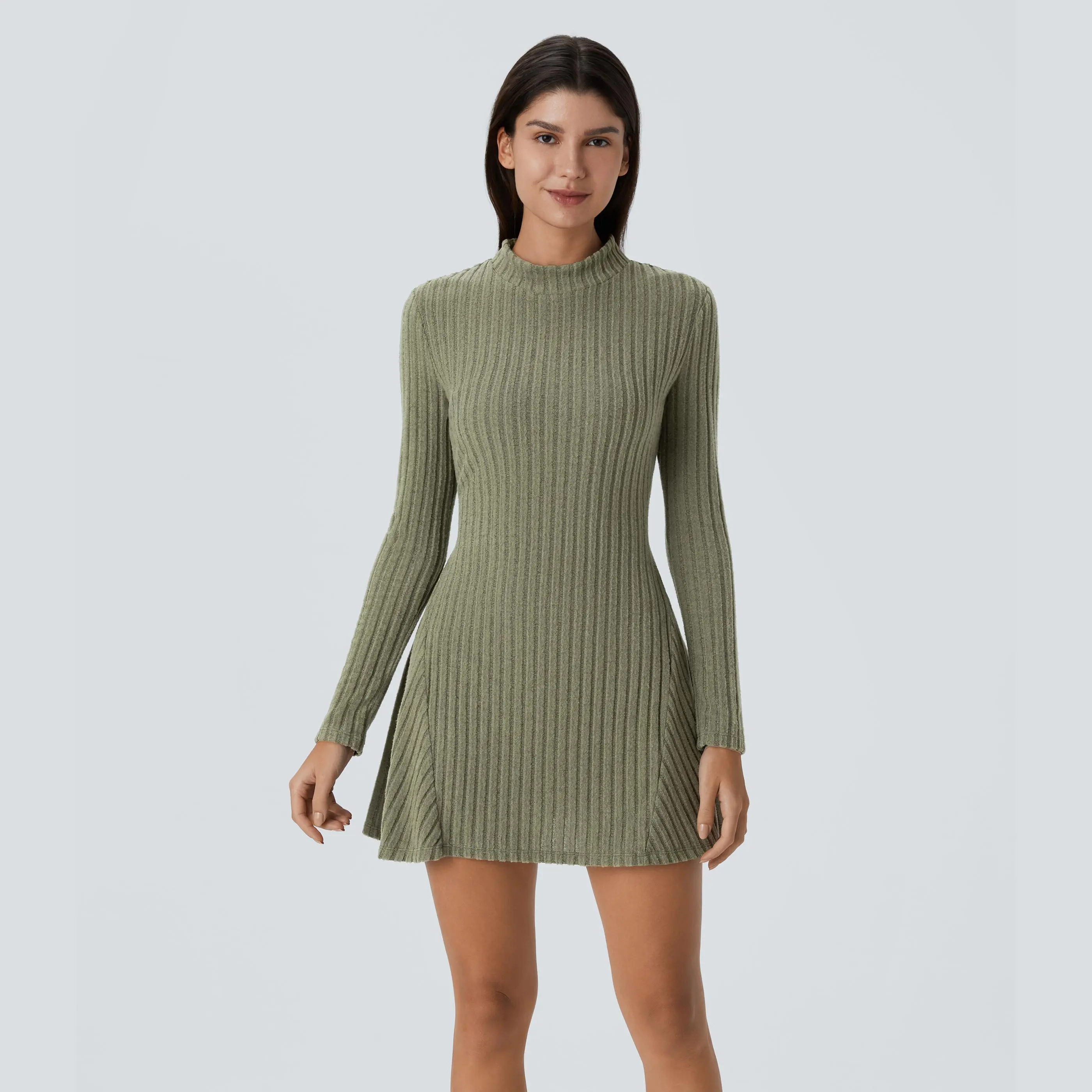 Halara Ribbed Knit Stand Collar Long Sleeve Mini Casual Dress