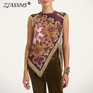 Ethnic Vintage Floral Print Woman Clothes Elegant O Neck Tassel Cross Split Irregular Top Summer Sleeveless Zipper Blouse Shirts