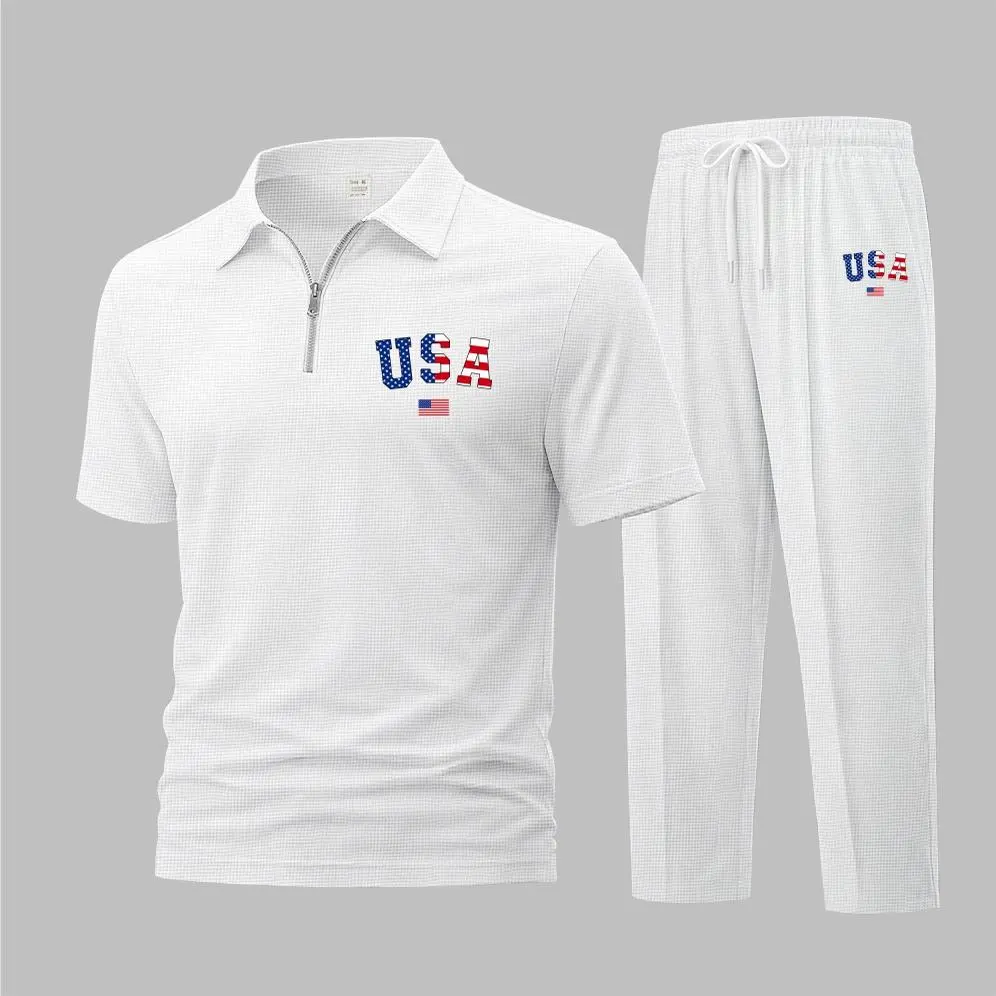 Men's 2-Piece Athleisure Tracksuit Set - Soft Waffle Knit, Short-Sleeve Zip Polo & Matched Athletic Pants, Breathable, USA Flag Print, Workout Sportswear, Athleisure Tracksuit Sets, Sporty Set