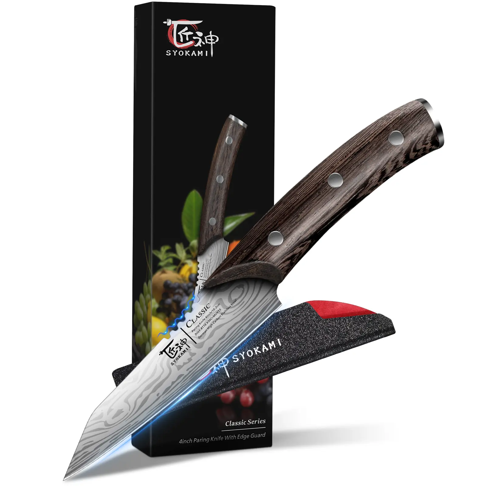 【DealsForYouDays】SYOKAMI 4 inch Paring Knife with cover, chef knife, Japanese style High Carbon Stainless Steel Small Kitchen Knives for Fruit, Damascus Pattern Full Tang Design Ergonomic Wood Handle and Gift Case, Mother's Day Gift Ideal