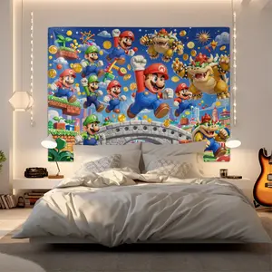Super Mario Tapestry, Cute Cartoon Character Print Background Cloth, Colorful Game Theme Wall Decor, Large Size Bedroom Living Room Wall Hanging, Easy to Hang, Backdrop Bedroom Decor for Kids Room