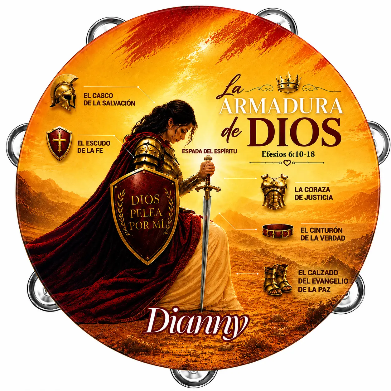 Unisex Armor of God Tambourine - Synthetic Leather Percussion Instrument with Non-Slip Grip, Metal Cymbals for Rich Sound
