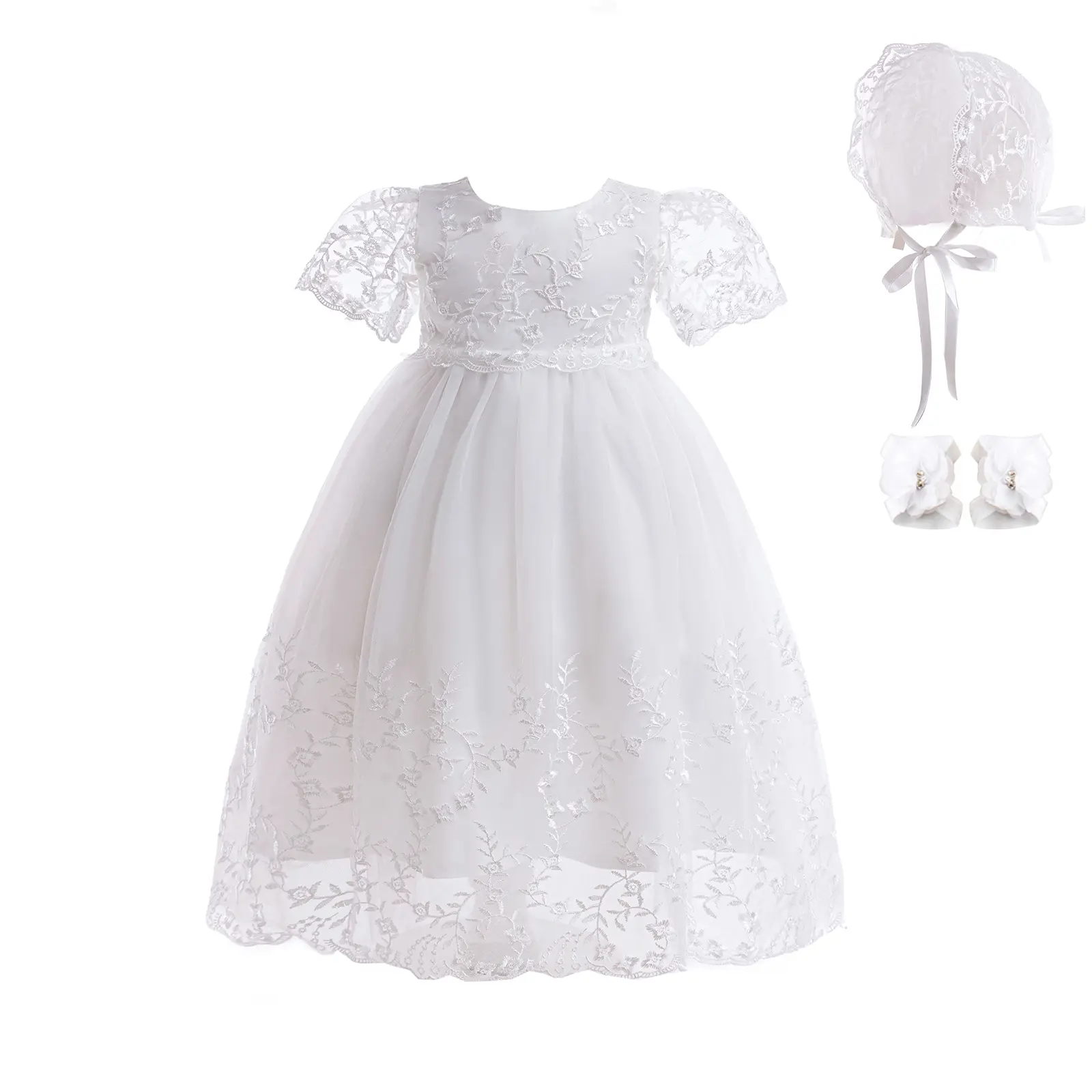 Baby Girl White Lace Christening Gown Set with Bonnet & Foot Flowers, Infant Long Baptism Dress Formal Wedding Party Outfit Elegant Princess dressup