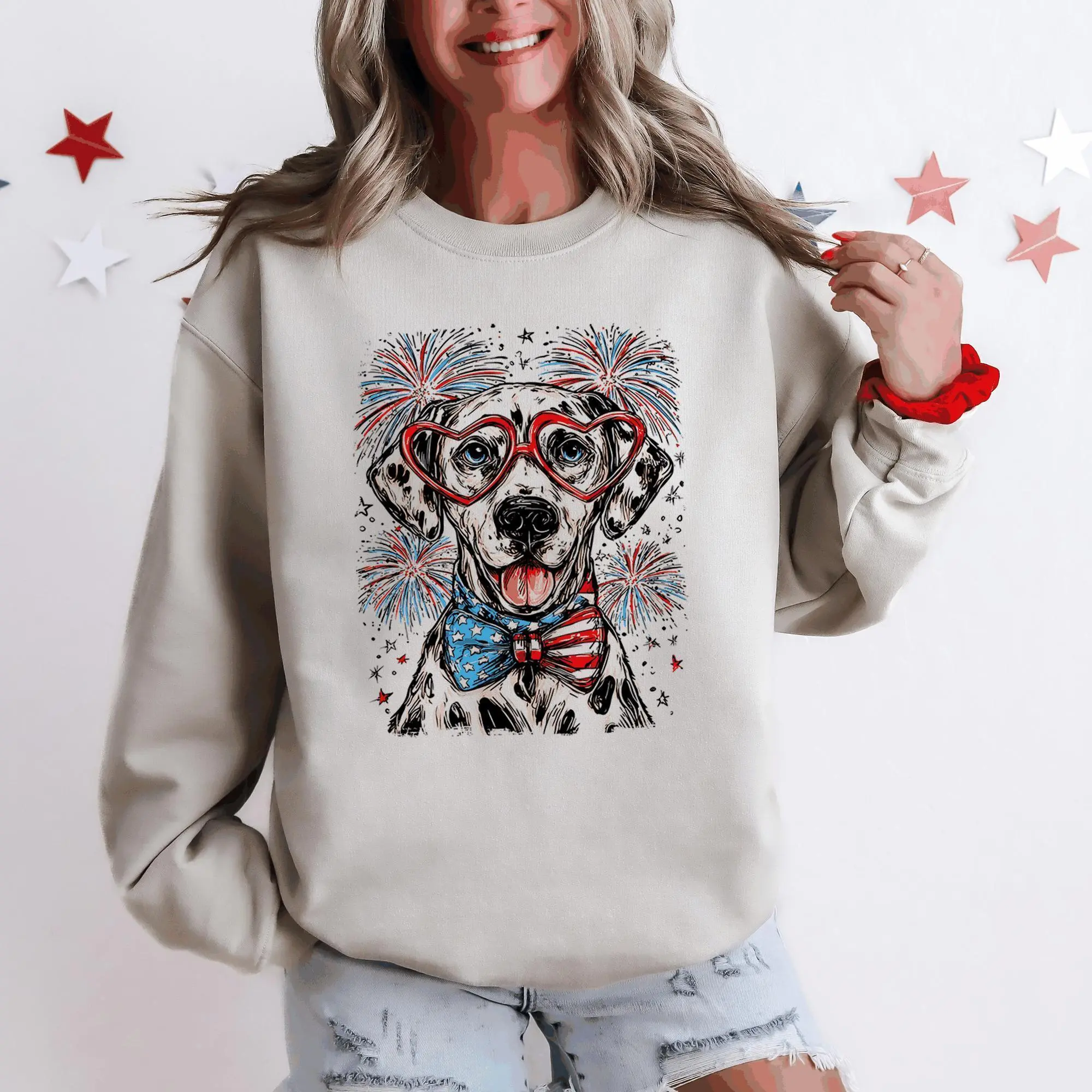 Dalmatian Patriotic Dog, USA, America, Pet Lover, 4th of July Sweatshirt, Crew Neck, Women's, Crewneck