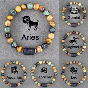 12 Zodiac Signs Handmade Beaded Bracelet for Men and Women, Elastic Yoga Elastic Crystal Tiger Eye Bracelet, Astrological Gift,Father's day Gift