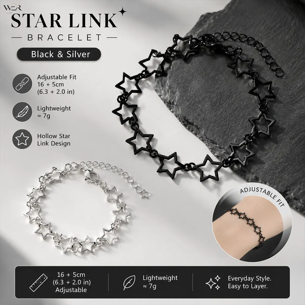 Women's Celestial Star Link Bracelet, Elegant Costume Jewelry with a Hollow Star Pattern in Black & Silver Tone, Lightweight & Adjustable with a Sparkly Look, Bangle, Celestial Theme Bracelets & Bangles