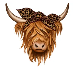 Unique Highland Cow Graphic DTF Print with Leopard Bandana - Full-Color Direct-to-Film Printing, Ready-to-Press Accessory for T-Shirts (DIY Printmaking Supply)