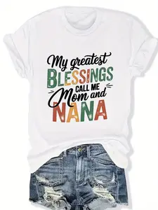 Plus Size - Plus Size Women'S Crew Neck Short Sleeve T-shirts |   Pink Geometric Print with "My Greatest Blessings are Mom and Nana" Text, Soft & Comfortable, Machine Washable, Ideal for All Seasons, Casual Style, Suitable for Daily & Party Wear