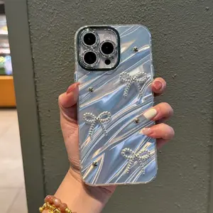 Water Ripple Bow Pearl Phone Case for iPhone 17 16 15 14 13 12 Pro Max Cute Elegant Slim Soft Protective Cover