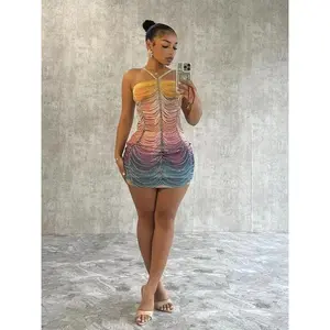 Women’s color-block printed rhinestone-embellished pleated bodycon mini dress with a backless design and thin shoulder straps; fashionable and casual, suitable for everyday outdoor wear; women’s apparel for all seasons. GARMENTARY