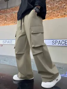 Men's Solid Loose Straight Basic Casual Cargo Pants,Unisex Versatile Sports Trousers,Plain Multi Pockets Joggers,Drawstring at pant legs,Street Style,Suitable For Daily Wear,Outdoor,Going Out,For Fall Menswear,Please place an order according to size chart