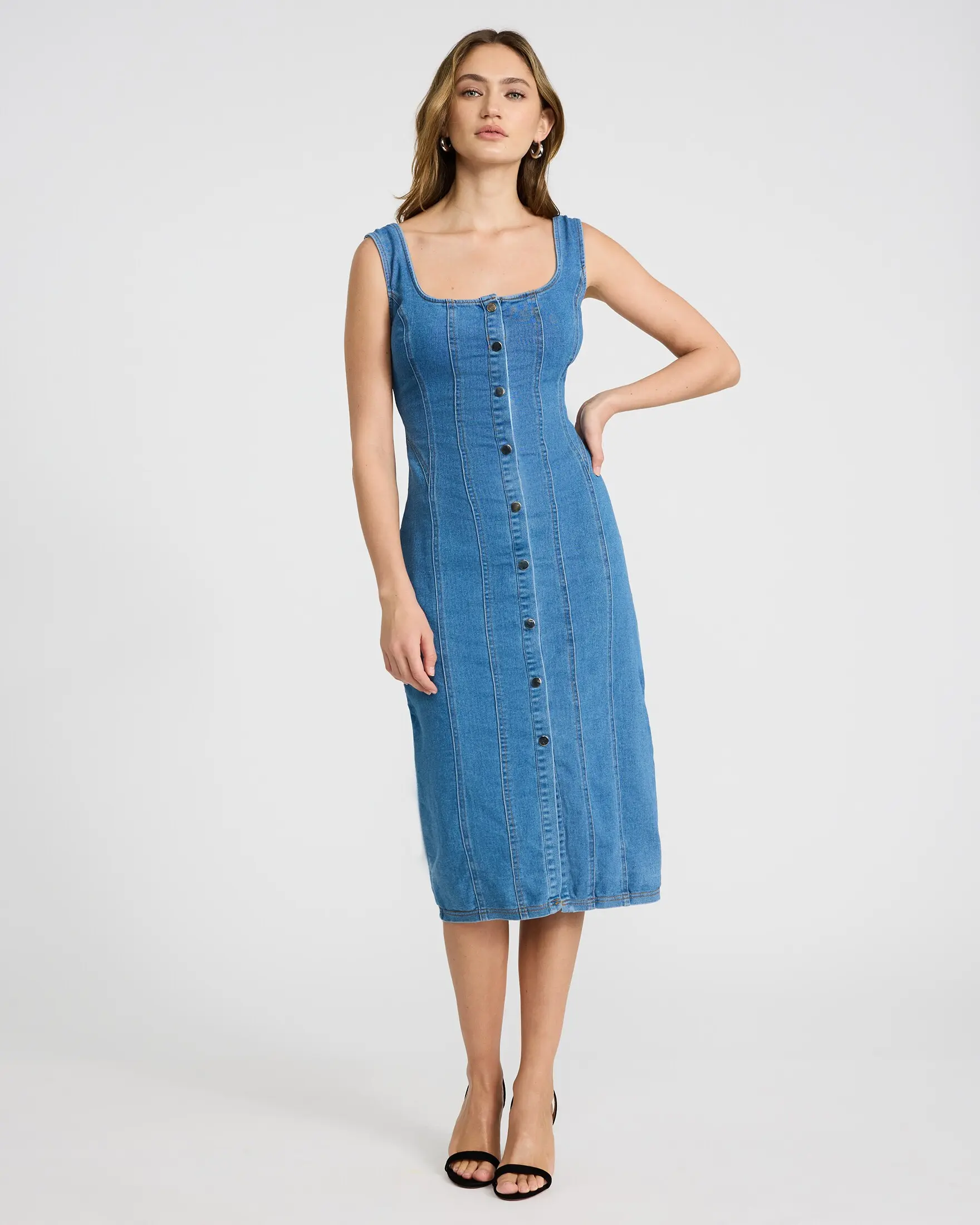 Express Stretch Denim Scoop Neck Button Front Seamed Midi Dress