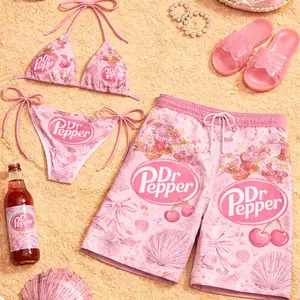 Dr Pepper Pink Cherry Couple Swimwear Set – Matching Bikini & Men’s Beach Shorts with Cute Coquette Bow Print, Romantic Summer Vacation Beachwear, Tropical Coastal Pool Party Outfit, Trendy Girly Seaside Swimwear for Couples, Soft Pink Resort Style Look