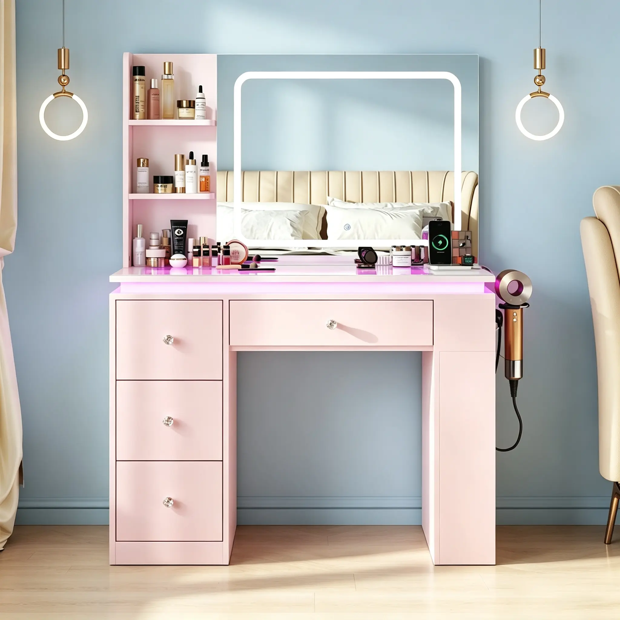 CollaredEagle Sturdy Modern Makeup Dresser Vanity Table with Glass Top, RGB Lighting, Power Outlet, Spacious Storage Drawers, Adjustable Vanity with Mirror, Indoor Furniture