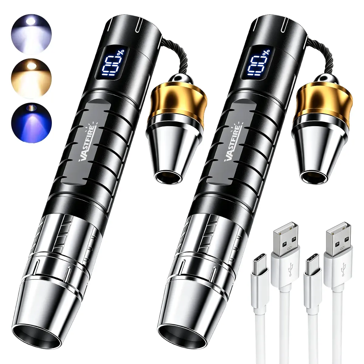 2Pack Professional Gemstone Appraisal Torch, 3-in-1 White/Yellow/UV365nm Ultraviolet Lights, 3 Modes, LCD Power Display, Type-C Charging, Metal Lamp Head, for Jewelry Gemstone Detection & Pet Urine Detection