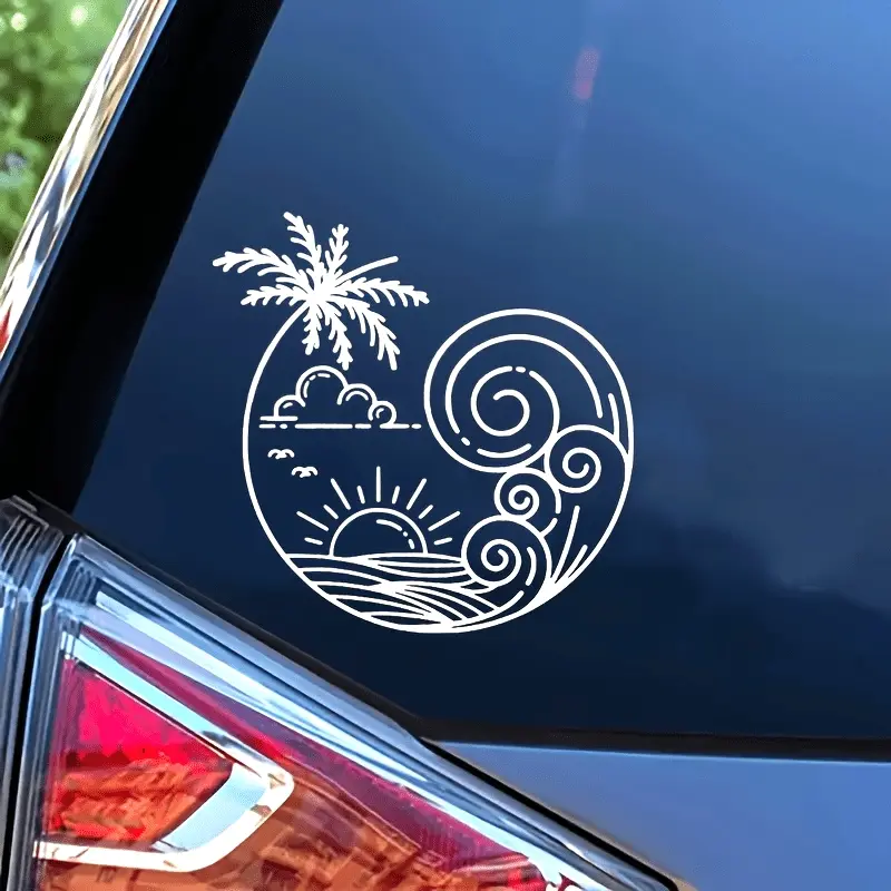 1PC "Palm Tree & Wave Island Sticker Minimalist Line Design Suitable for Car Windows, Bodies, Luggage Surfaces Infuses Vacation Vibe Lights Up Vehicle Details Fits Various Car Models Healing Decoration Goodie"