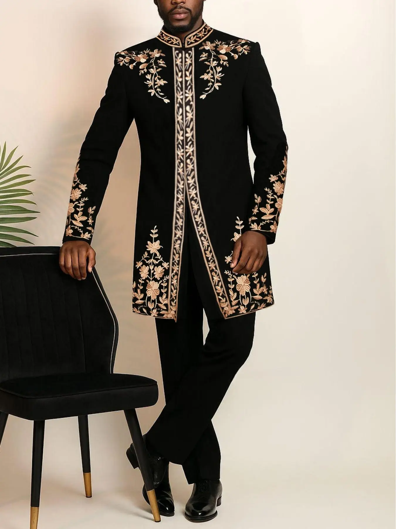 Men's New Arrival 2-Piece Set, Long Sleeve Stand Collar Embroidered Jacket, Drawstring Waist Pants, Casual & Formal Wear, Suits, Casual Fashion Set, Blazer Trouser Set, Casual Style Set