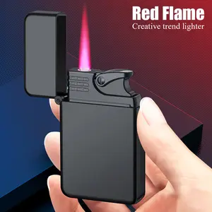 [Windproof Jet Lighter] Windproof Metal Straight Jet Lighter, Butane Gas Lighter, Portable Outdoor Lighter, Red Flame Inflatable Lighter, Suitable for Cigarette Lighting, Outdoor Camping, Men's Gift, Without Battery