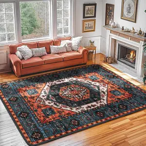 Shilucheng Boho Area Rug 9X12 Washable Rugs for Bedroom Low Piles Indoor Rugs, Non Slip Soft Rugs for Living Room, Foldable Pet Friendly Area Rugs
