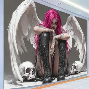 1pc Polyester 2D Flat Pink-Haired Angel Fantasy Art Tapestry - Gothic Wall Decor with Skull Accents, Gothic Style Accessories, No Power Needed, Ideal for Living Room, Bedroom Hanging Decor (White)