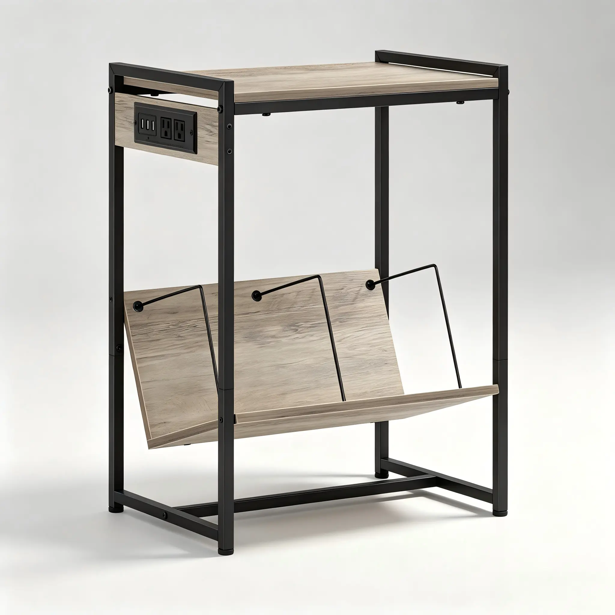 Heavy Duty MDF Board Vinyl Record Storage Side Table - 23.9in Ht. Industrial End Table with Charging Station, Port, Lockable Wheels, V-Shaped Magazine Rack, Built-In Power Outlet, All Hardware for Living Room, Bedroom (US Plug), Charging Port