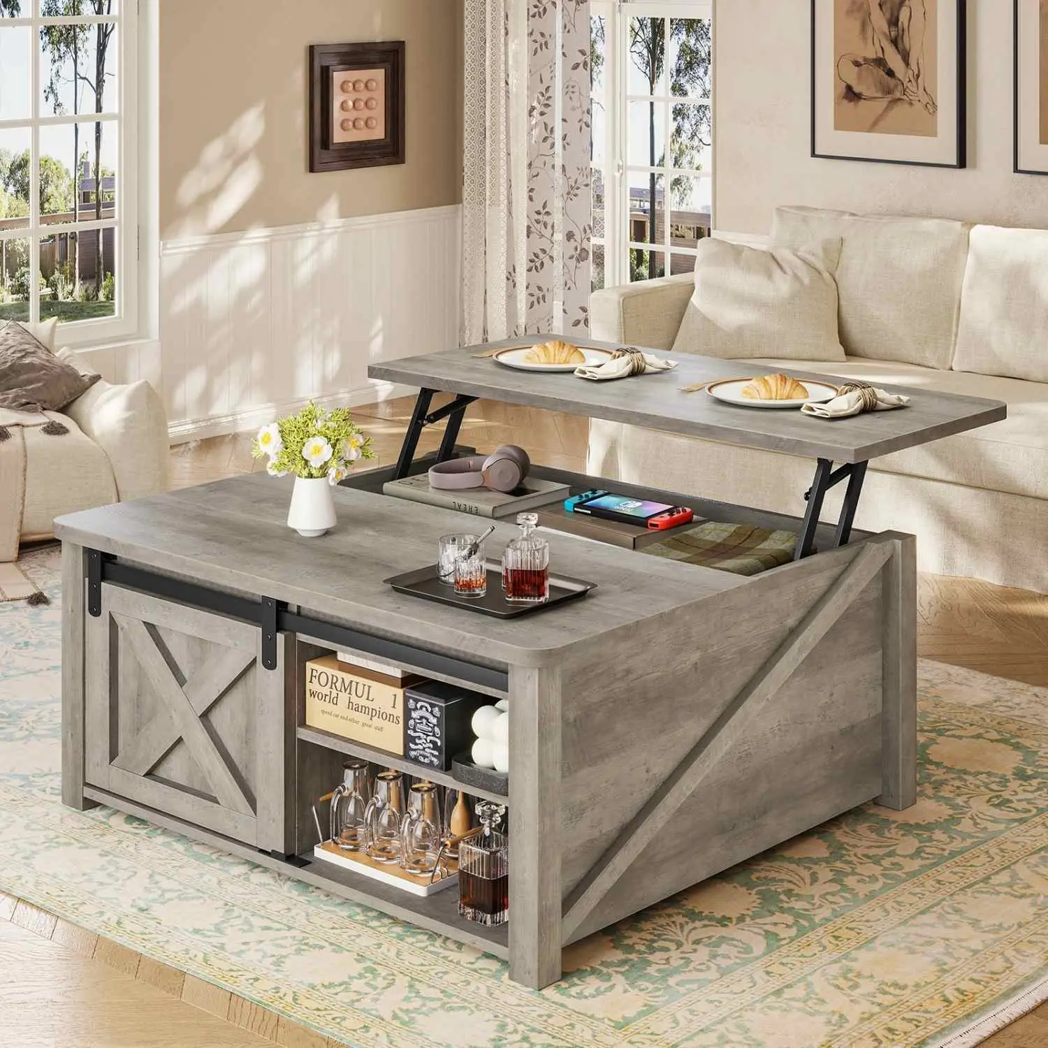 Sikaic 31.5-in Convertible Square Coffee Table - Gray Contemporary Adjustable Tabletop Living Room Furniture with Hidden Stash Bin, Open Shelf, Space Saving for Small Indoor Use