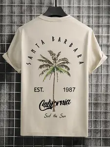Men's Letter & Tree Print Drop Shoulder Tee, Regular Fit Fashion Graphic Crew Neck T-Shirt, Men Clothes for Summer