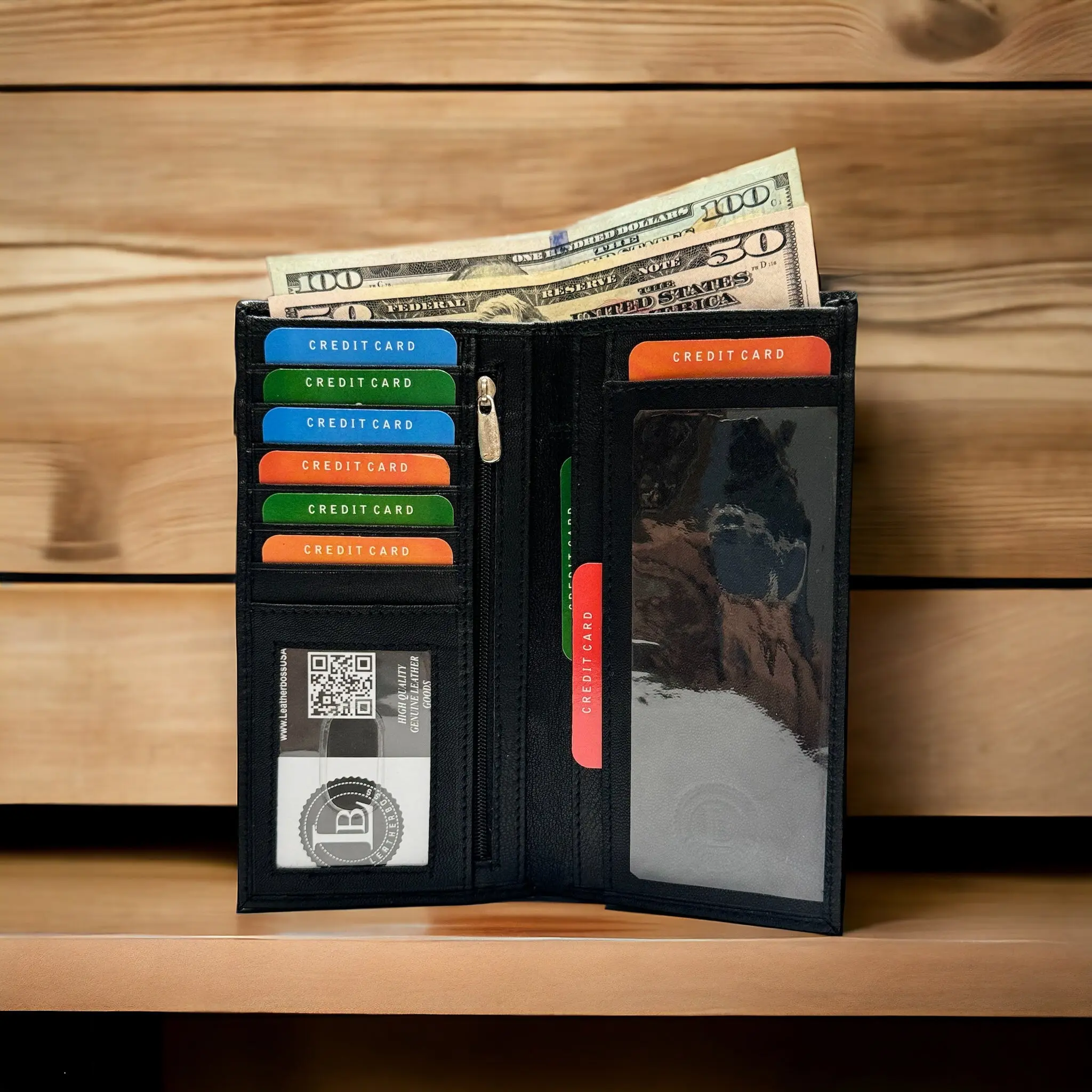 Genuine Leather Checkbook Cover and Bifold Wallet, Durable Multi-Compartment Credit Card Organizer with a Zippered Pocket and ID Window, Leather Wallets, Business Style Wallet