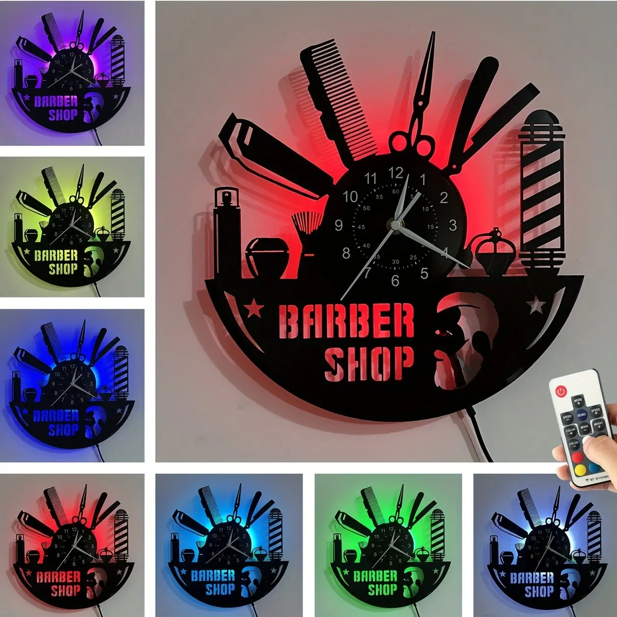 Barber Shop Vinyl Record Wall Clock with 7 Color LED Lights, Handmade Wall Art Decor Featuring Classic Barber Tool Design, Unique Gift for Home Kitchen or Barbershop, Creative Decorative Clock, Battery Operated Lighted Wall Clock