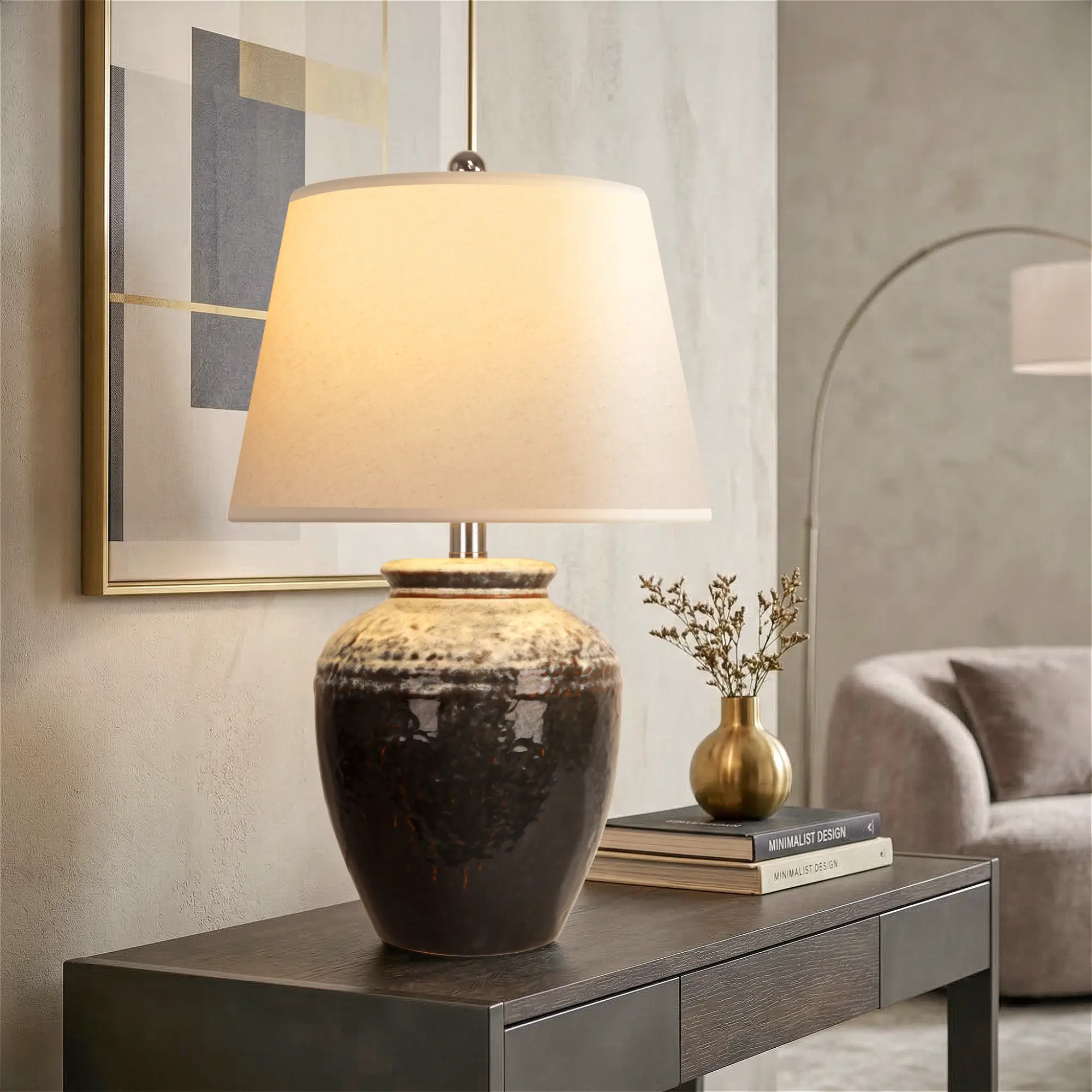 22in Rustic Ceramic Table Lamp With Linen Shade, Farmhouse Bedside Lamp For Living Room & Bedroom