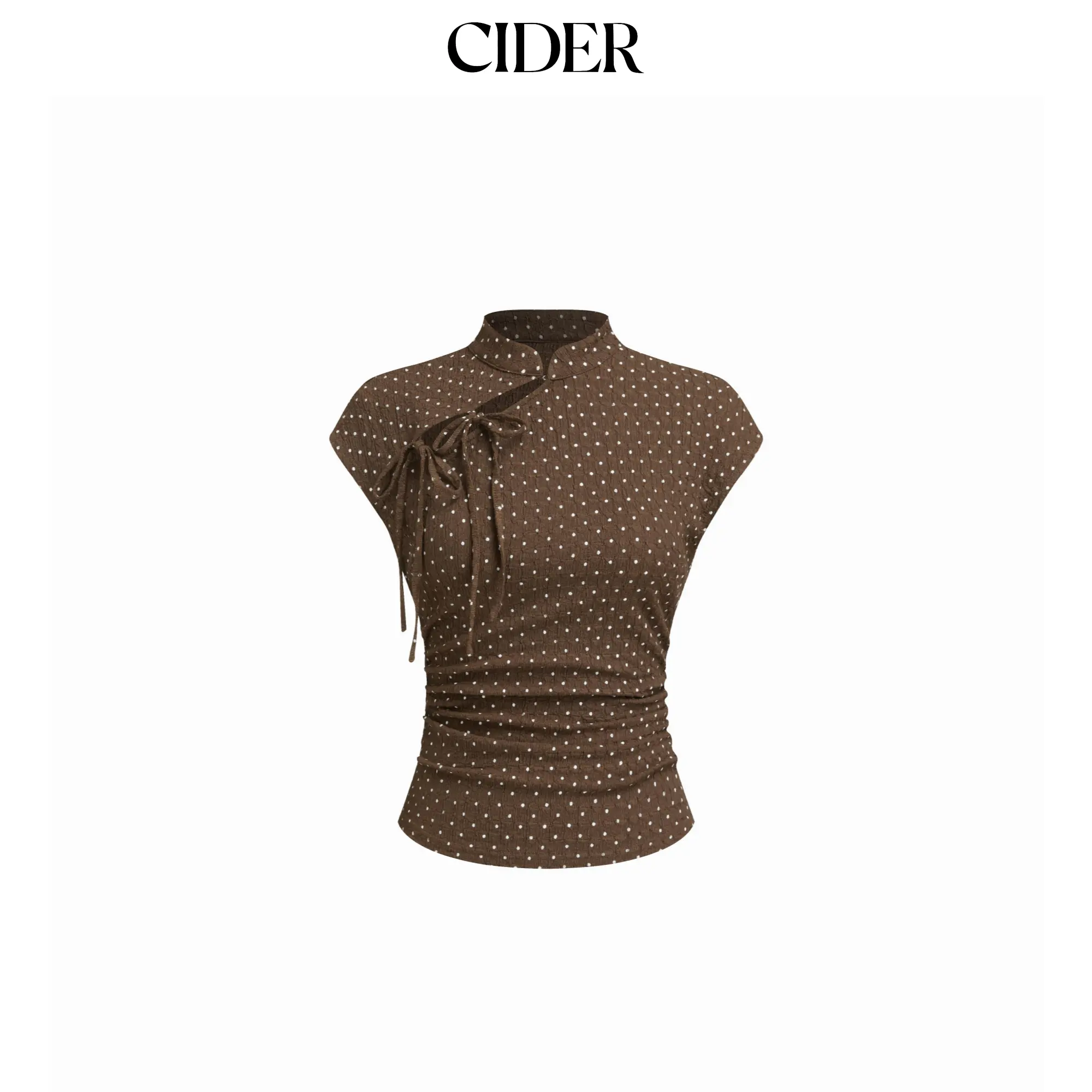 Cider Polka Dot Mandarin Collar Short Sleeve Knotted Ruched Top