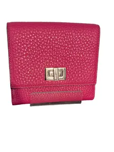 Pre-owned FENDI leather Small Leather Goods Pink Selleria Peekaboo Compact Wallet with Textured Finish and Silver Hardware