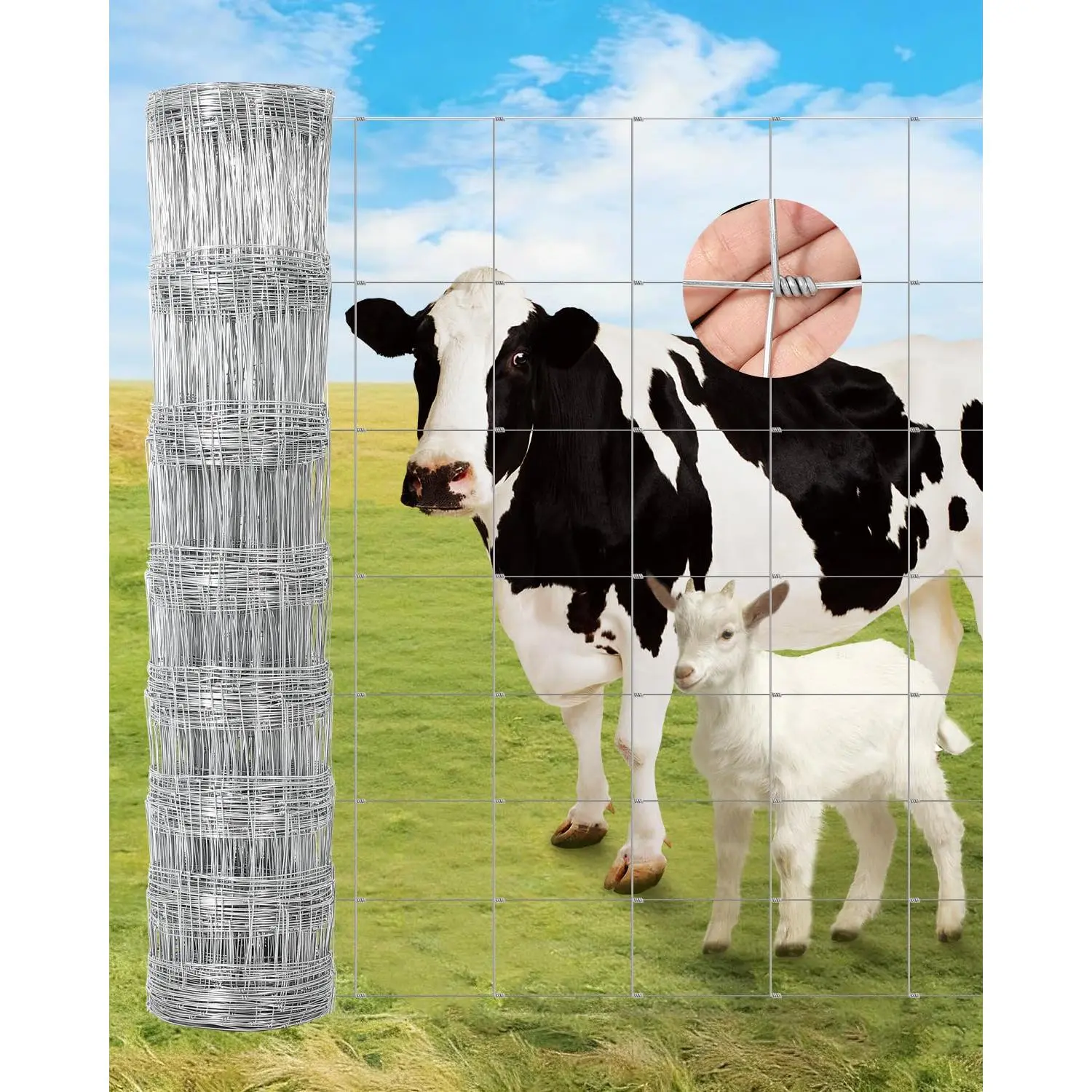Galvanized Steel Heavy-Duty Woven Wire Farm Fence Roll - 15GA Silver Basic Model, 4ft/5ft/6ft Heights, 4x328ft(1.2x100m) Graduated Mesh, 9in Top/4in Bottom, Twist-Knot Technology, Simple to Install, For Gardening Vineyards Farm Pastures