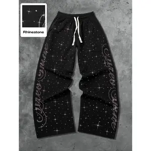 Street Life Streetwear Style Rhinestone English Text Straight Leg Sweatpants